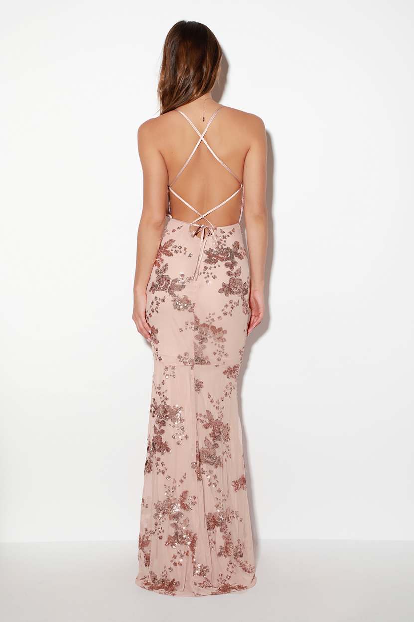 lulus sequin dress rose gold High Life Rose Gold Sequin Square Neck Split Front Maxi Dress – Club L  London
