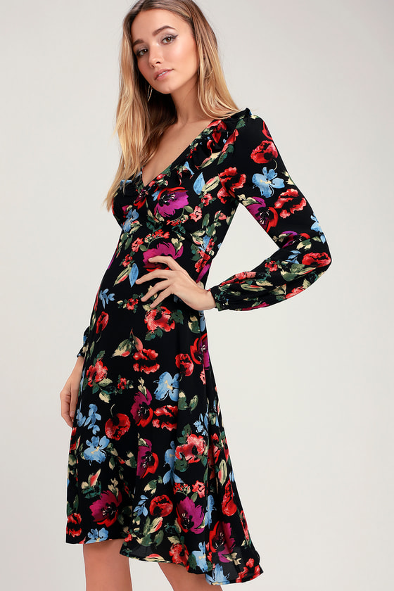 black flowery midi dress
