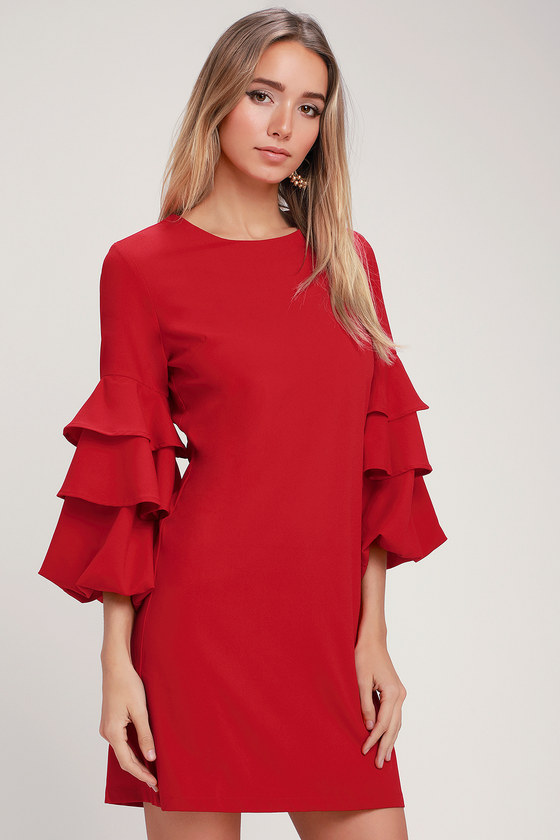 Chic Red Dress - Shift Dress - Ruffled Flounce Sleeve Dress - Lulus