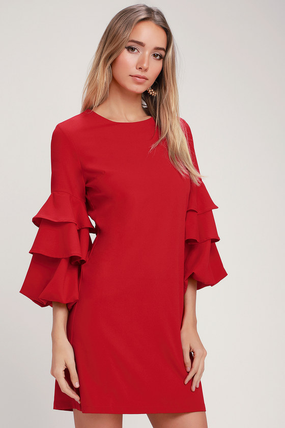 red ruffle sleeve dress