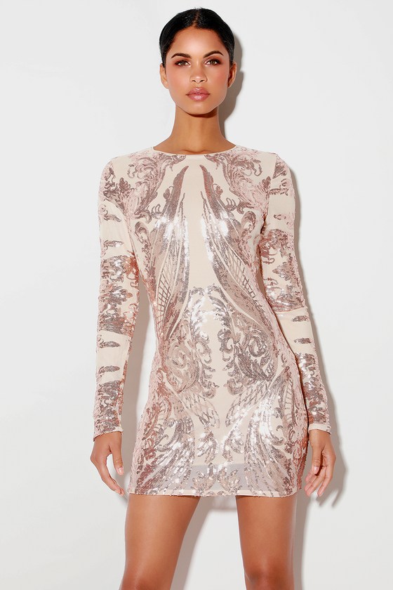 long sleeve sequin bodycon dress rose gold