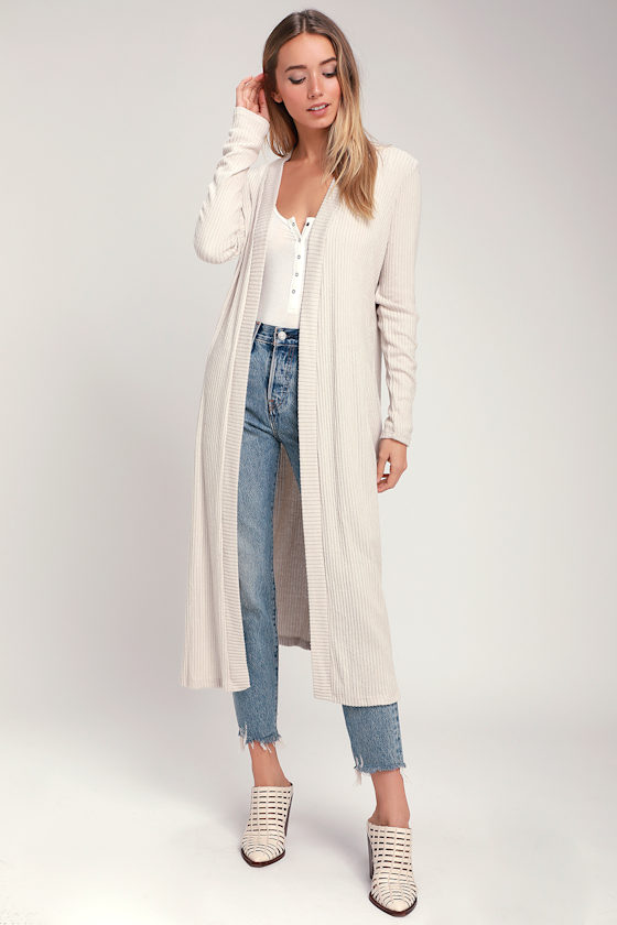 Jeanna Light Beige Ribbed Long Cardigan Sweater 1