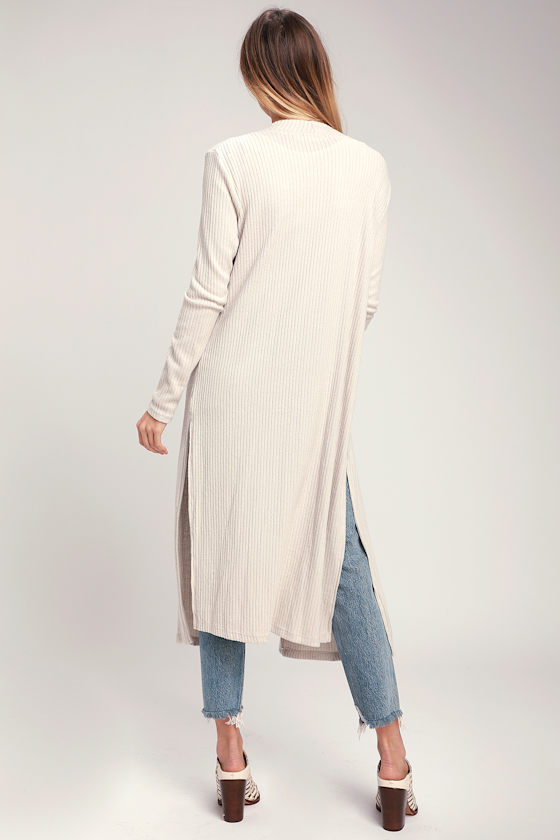 Jeanna Light Beige Ribbed Long Cardigan Sweater 5