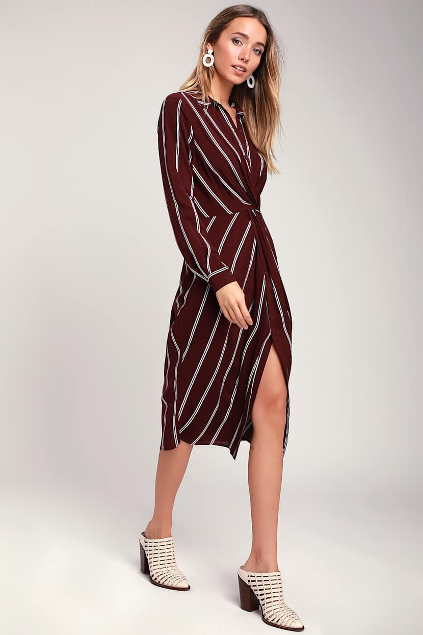 Burgundy Striped Dress - Twist-Front Midi - Striped Shirt Dress - Lulus