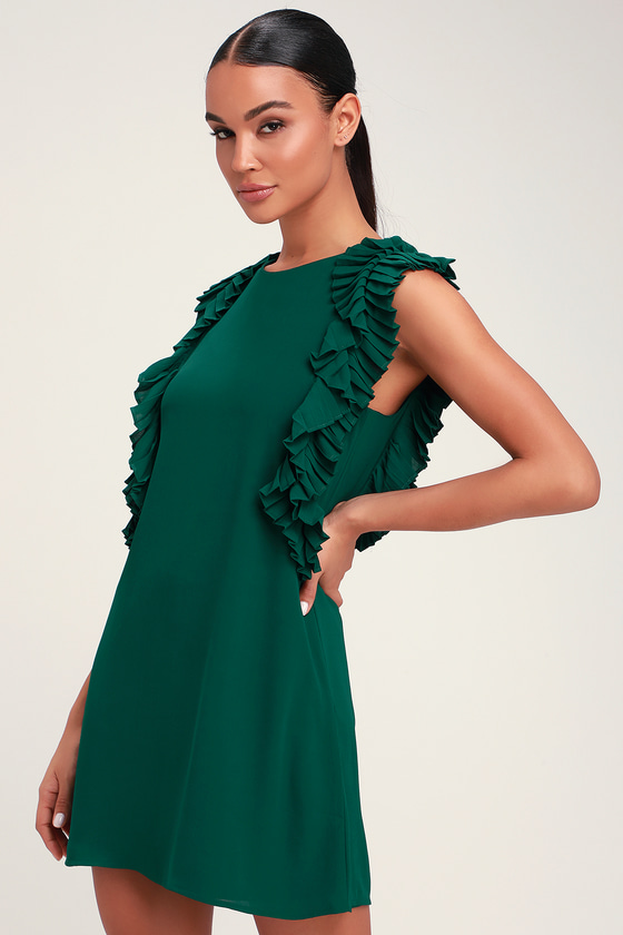 Dark Green Dress - Statement Sleeve Dress - Pleated Shift Dress - Lulus
