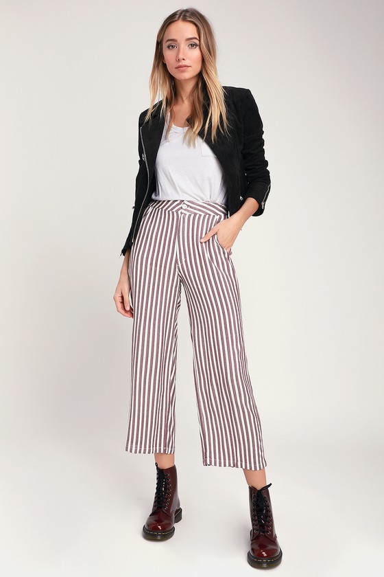 burgundy striped trousers