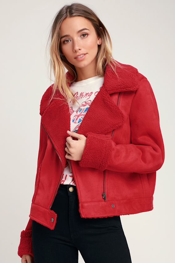 Sometimes Red Vegan Suede Sherpa Jacket 2