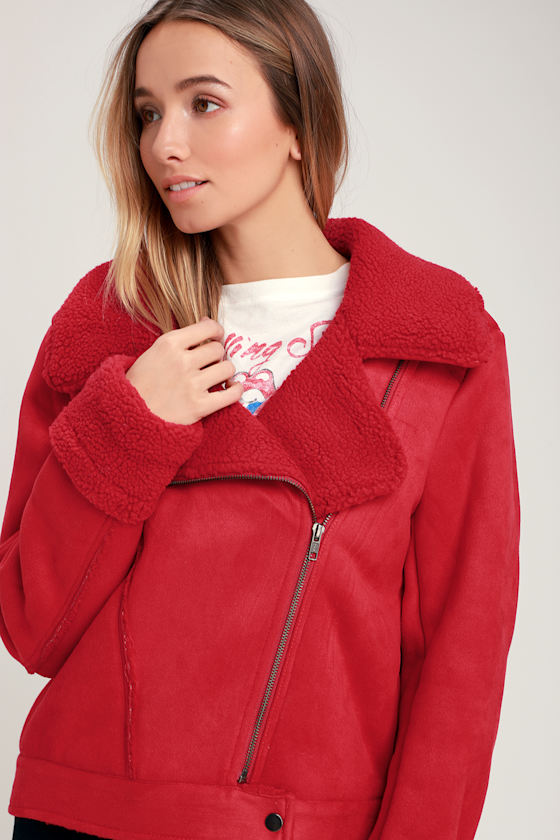 Sometimes Red Vegan Suede Sherpa Jacket 4