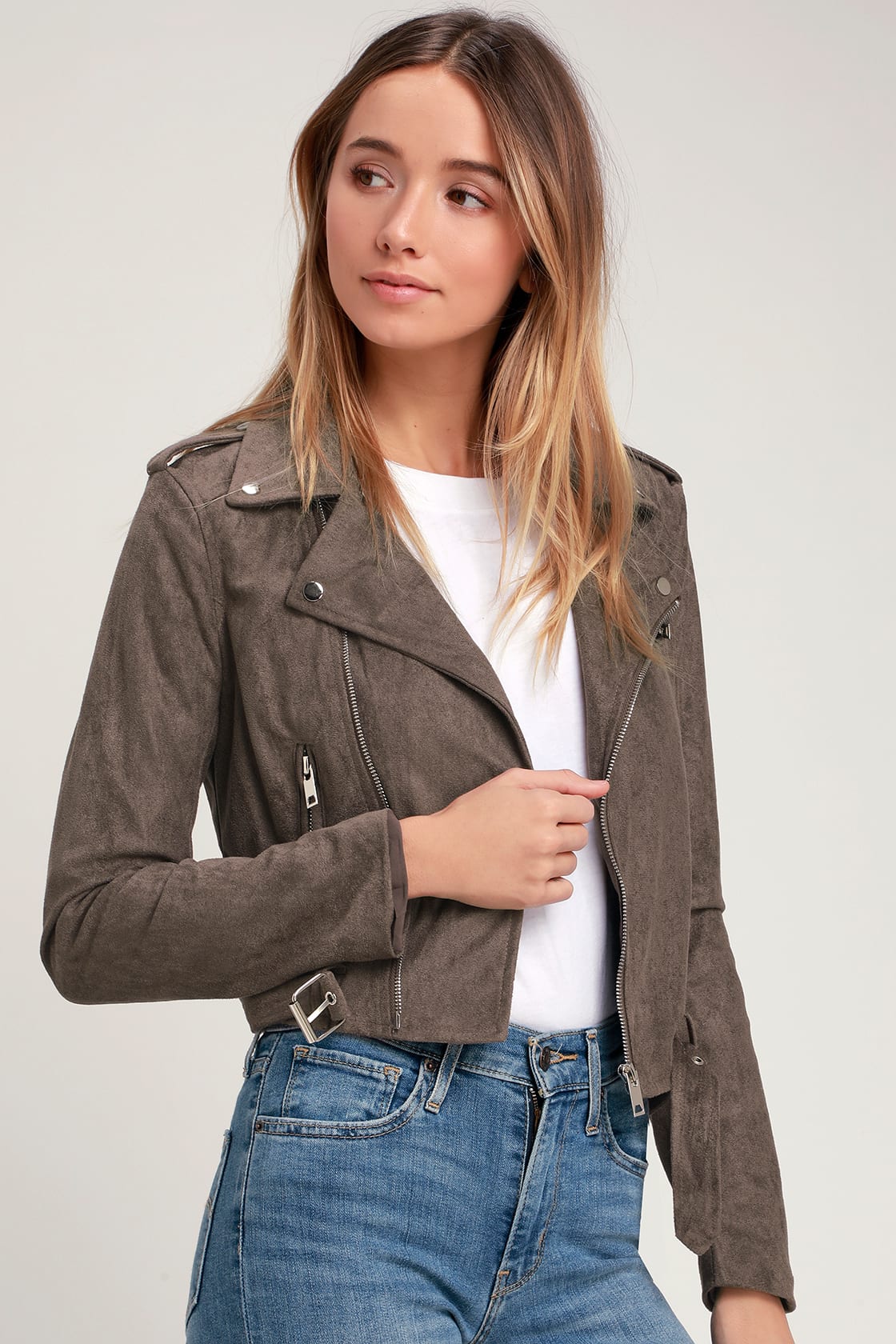 Ride With Me Dark Grey Vegan Suede Moto Jacket