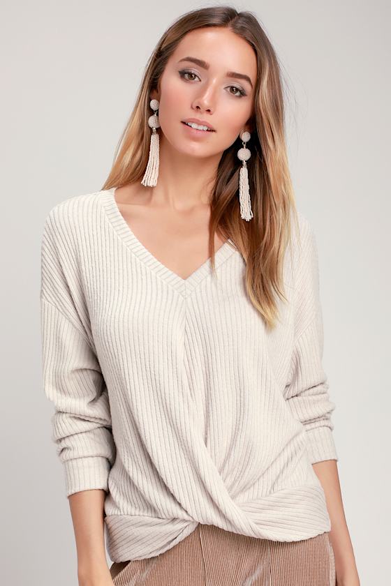 Cozy Twist Light Beige Twist-Front V-Neck Sweater Top 1