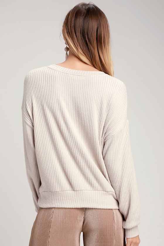 Cozy Twist Light Beige Twist-Front V-Neck Sweater Top 4