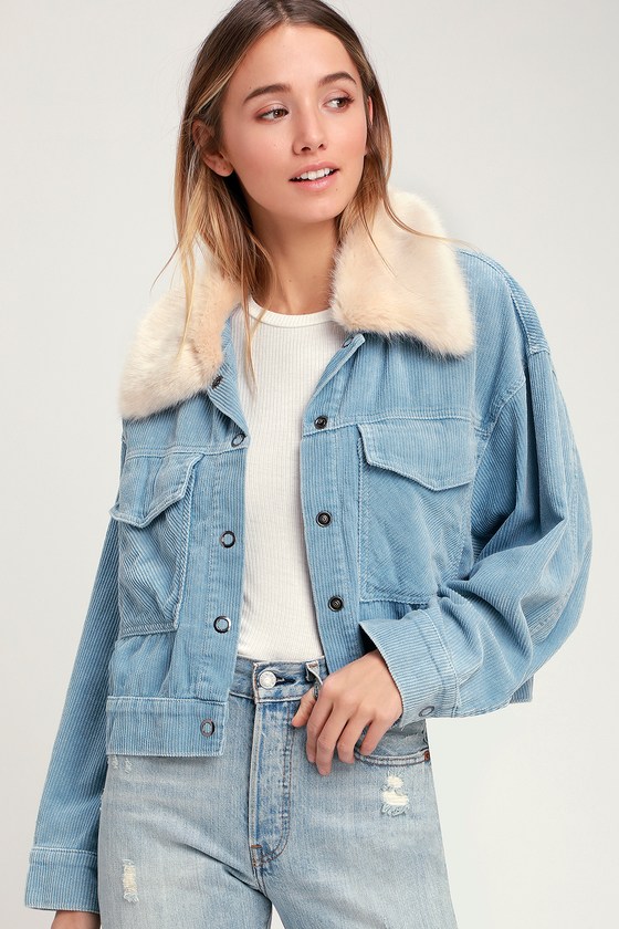 Cute Light Blue Corduroy Jacket - Faux Fur Trim Jacket - Jacket - Lulus