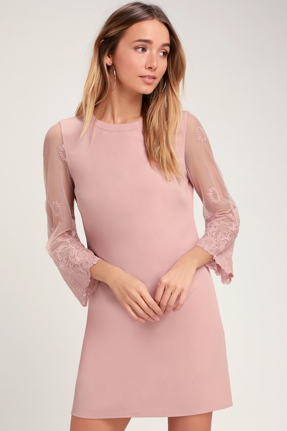 Once Upon a Midnight Mauve Embroidered Long Sleeve Shift Dress