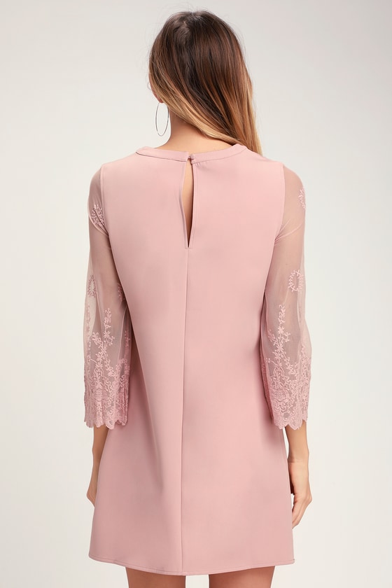 Once Upon a Midnight Mauve Embroidered Long Sleeve Shift Dress
