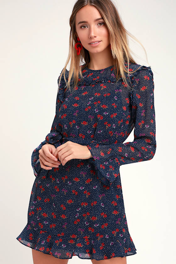 Rosie Navy Blue Floral Print Ruffled Long Sleeve Shift Dress 5