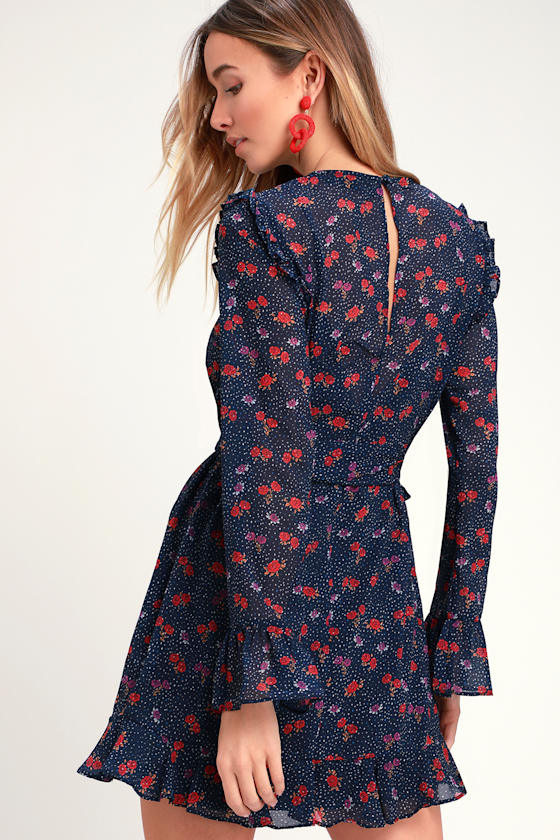 Rosie Navy Blue Floral Print Ruffled Long Sleeve Shift Dress 2