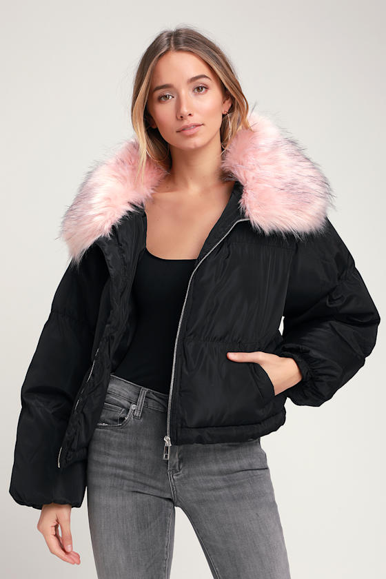 Dawrene Pink and Black Faux Fur Puffer Jacket 2