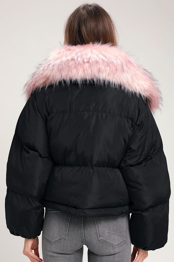 Dawrene Pink and Black Faux Fur Puffer Jacket 4
