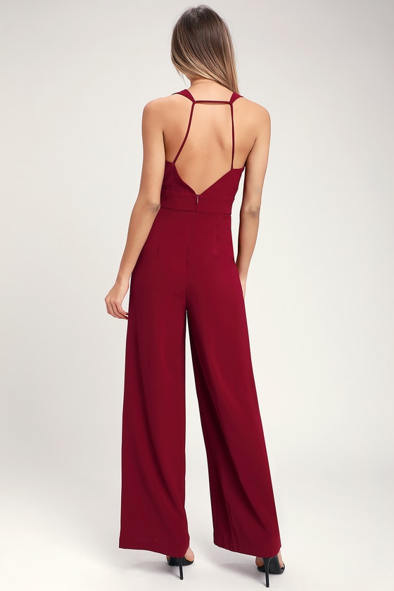 Sexy Burgundy Jumpsuit - Wide-Leg Jumpsuit - Backless Jumpsuit