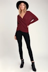 LUSH Sweater Top - Wine Red Sweater Top - Surplice Sweater Top