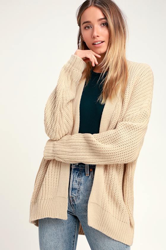 LUSH Cozy Beige Cardigan Knit Cardigan OpenFront Cardigan Lulus