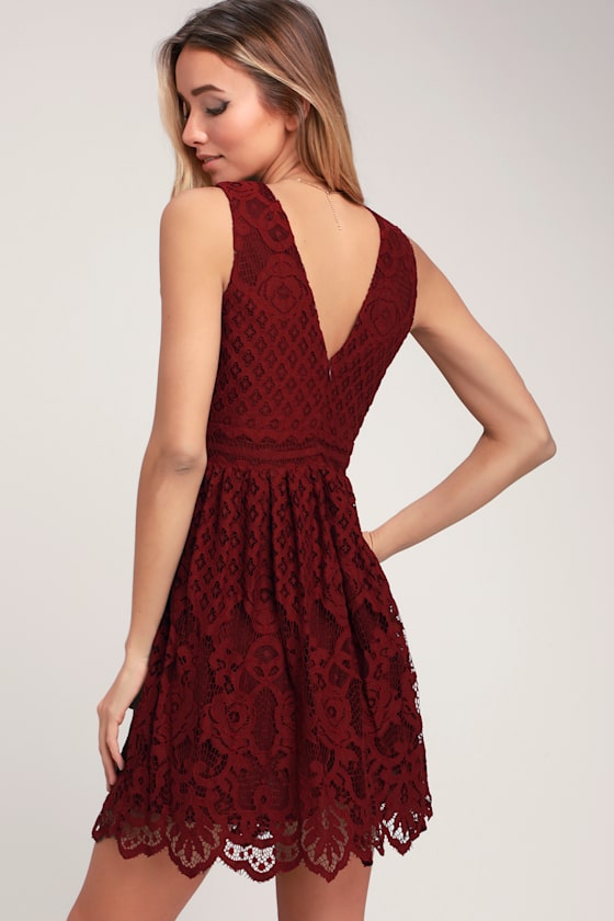Brandi Wine Red Lace Surplice Skater Dress 4