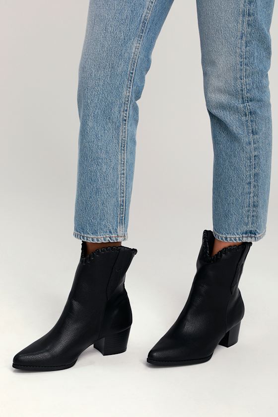 pointed toe black leather booties