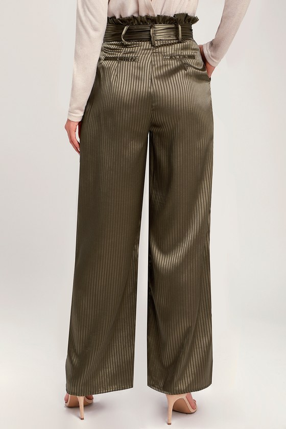 Haute to Trot Olive Green Striped Satin Wide-Leg Pants