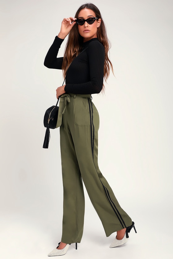 Trendy Olive Green Pants - Paper Bag Waist Pants - Striped Pants - Lulus