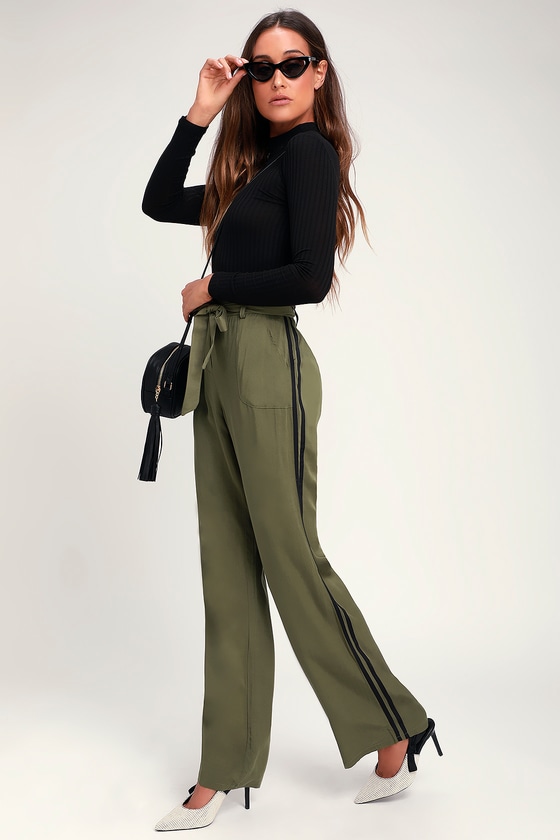 Ryman Olive Green Paper Bag Waist Striped Wide-Leg Pants