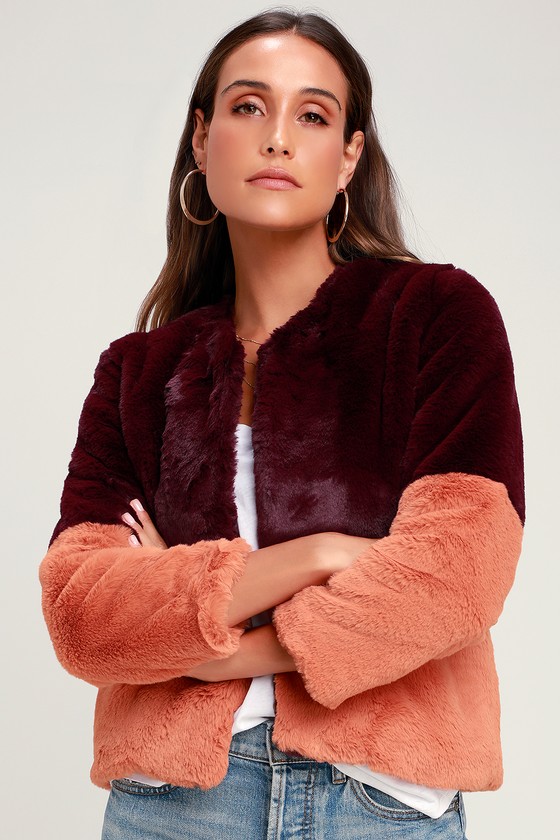 J.O.A. Fur Jacket - Faux Fur Jacket - Burgundy Color Block Jacket - Lulus