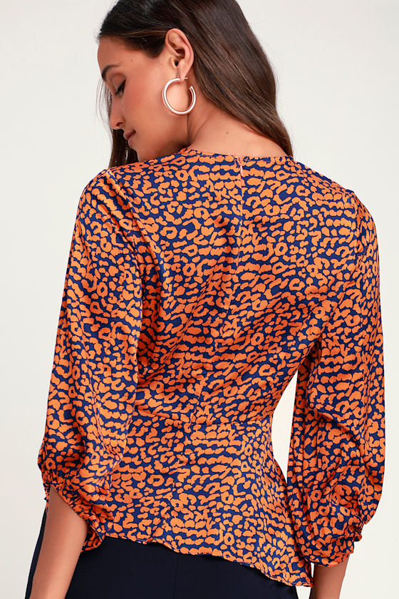 Chic Orange and Navy Blue Leopard Print Top - Peplum Top - Blouse - Lulus