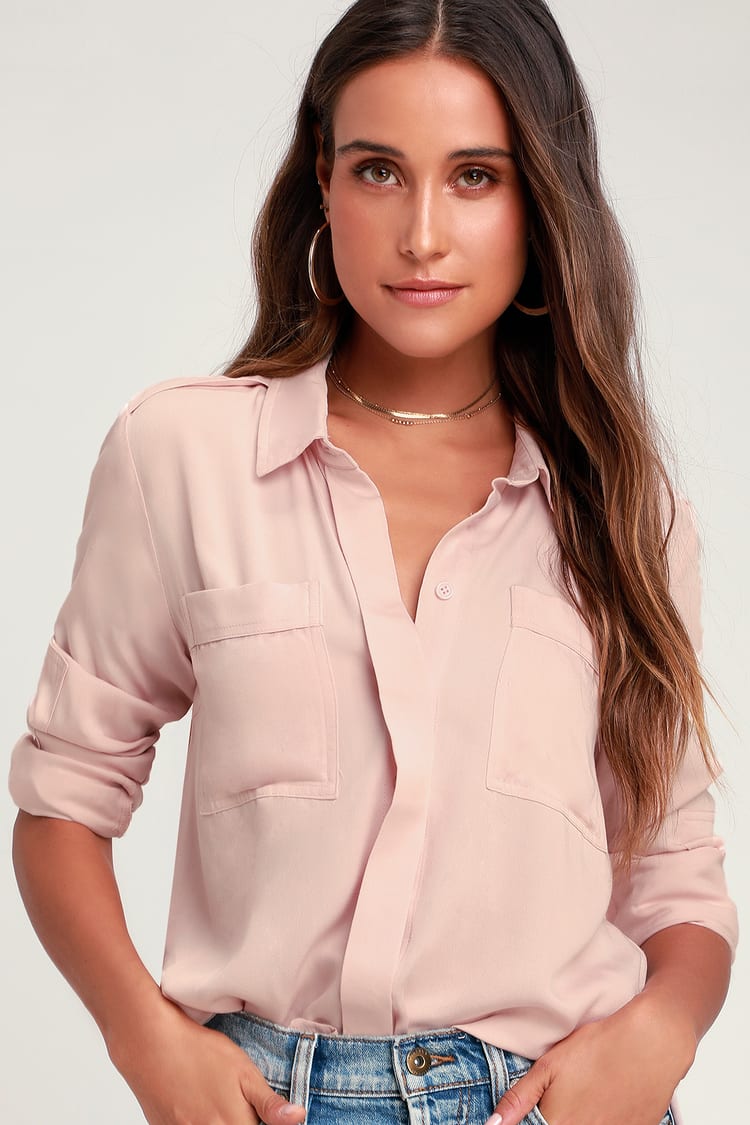 Chic Long Sleeve Top - Light Blush Pink - Pink Collared -