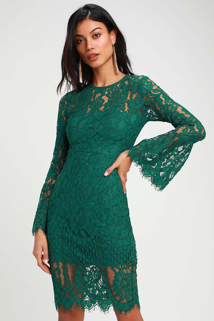 green lace midi dress with sleeves Caroline Lace Short Sleeve Midi Dress main image 1