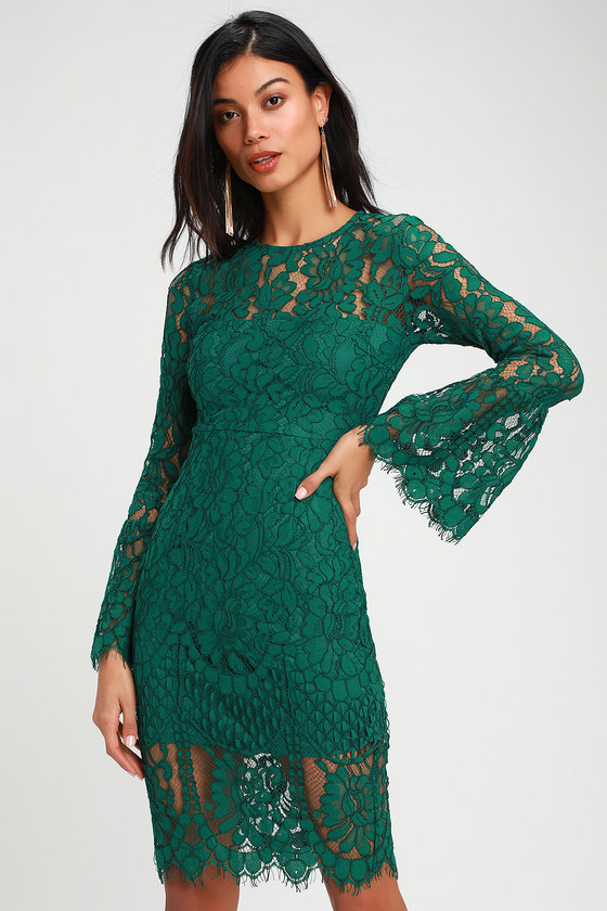 Enrapturing Elegance Green Lace Long Sleeve Midi Dress