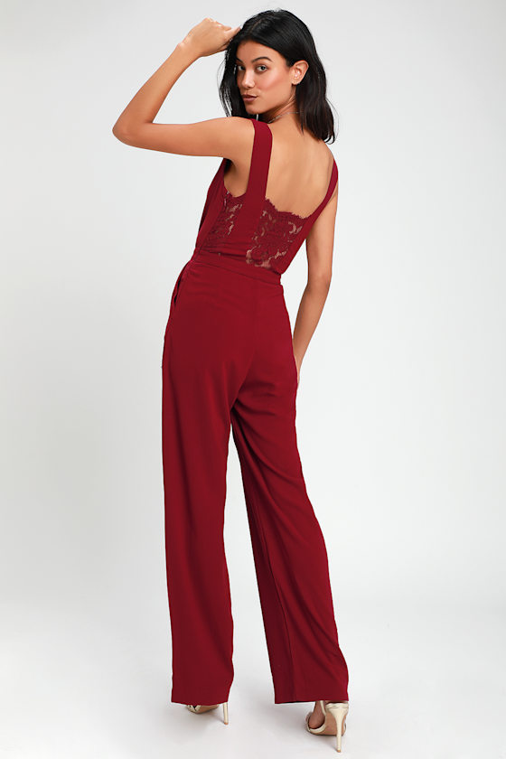 Kiska Burgundy Lace Wide-Leg Jumpsuit 2