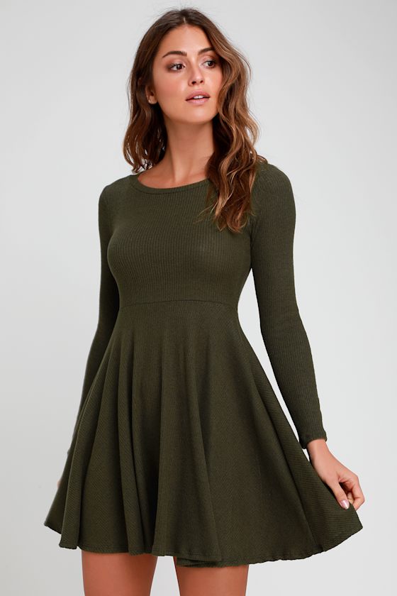 Fit and Fair Olive Green Ribbed Knit Long Sleeve Skater Dress 1
