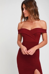 Classic Glam Burgundy Off-the-Shoulder Bodycon Dress