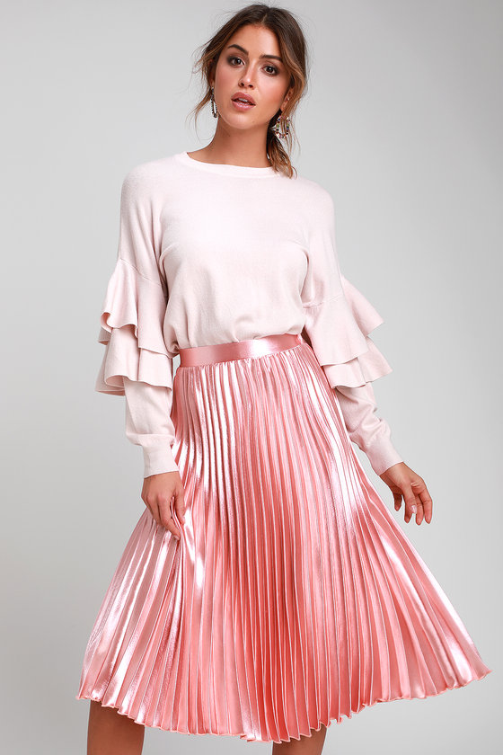 Pretty Pleats Blush Pink Metallic Pleated Midi Skirt
