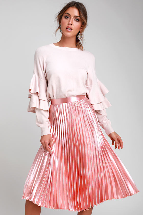 Pretty Pleats Blush Pink Metallic Pleated Midi Skirt 2
