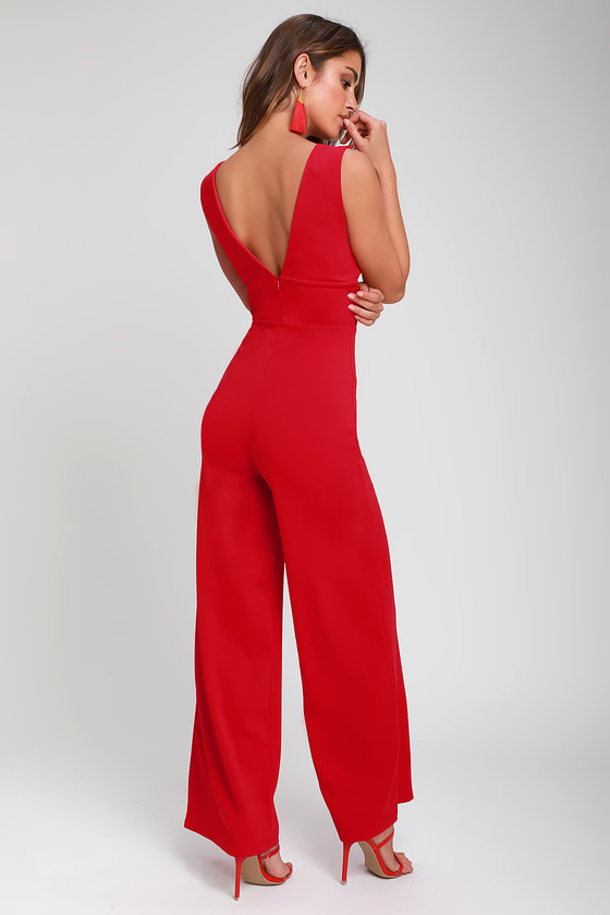 Billie Faiers Red Long Sleeve Ring Detail Palazzo Jumpsuit | In The Style