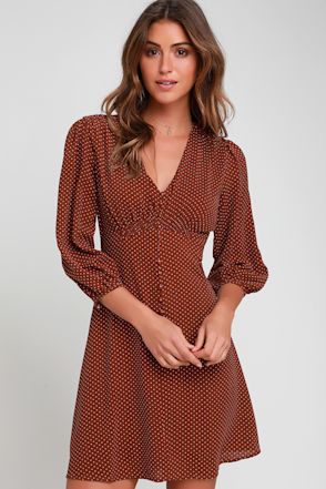 brown polka dot dress long sleeve Girl In Mind Bryce Wrap Front Long Sleeve Brown Polka Dot Mini Dress – Love  My Apparel