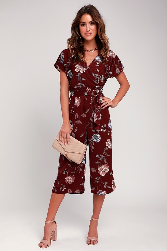 Burgundy Jumpsuit - Satin Jumpsuit - Floral Print Jumpsuit - Lulus