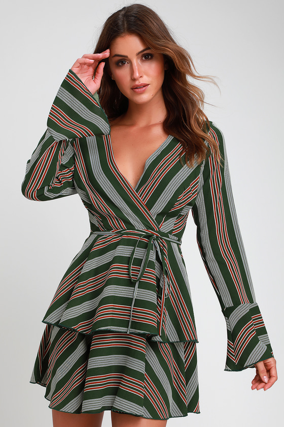 Cute Green Striped Dress - Skater Dress - Long Sleeve Dress - Lulus