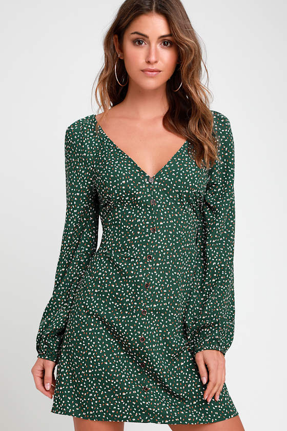 Vista Forest Green Print Tie-Back Long Sleeve Dress 1