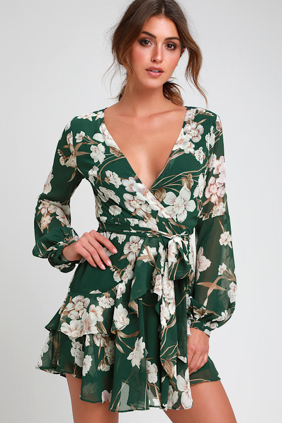 Virtue Forest Green Floral Print Ruffled Long Sleeve Dress 2