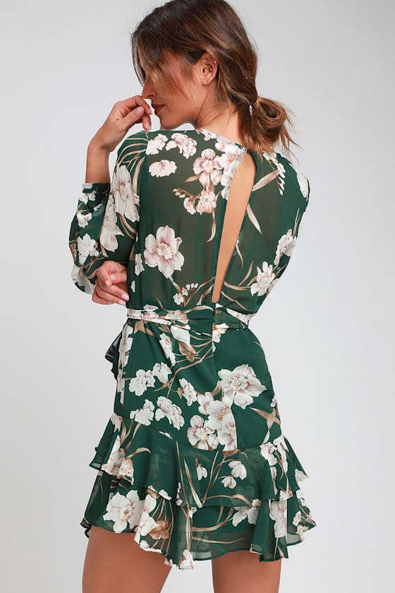 Virtue Forest Green Floral Print Ruffled Long Sleeve Dress 5