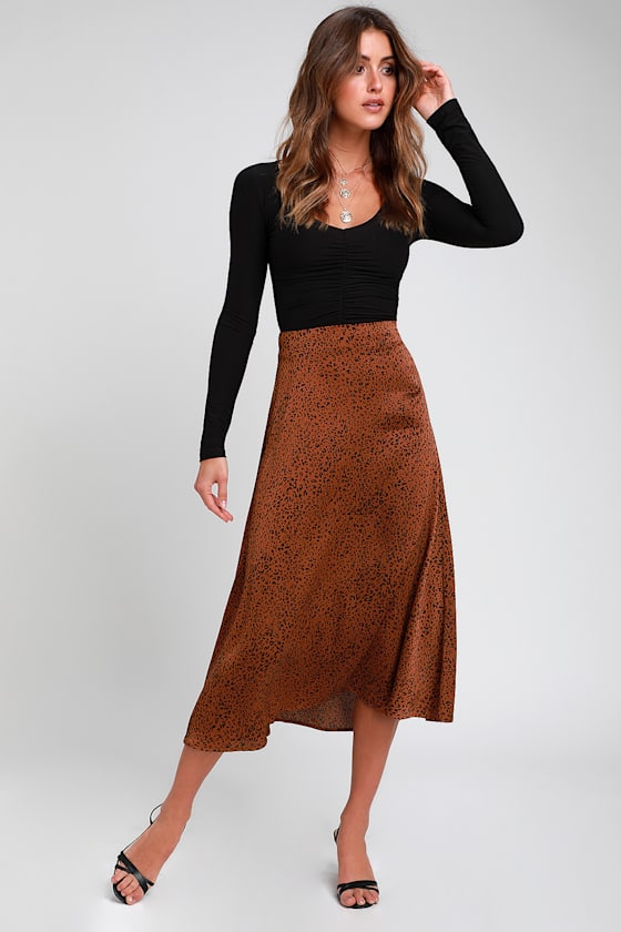 Brosnan Brown Satin Leopard Print Midi Skirt 1