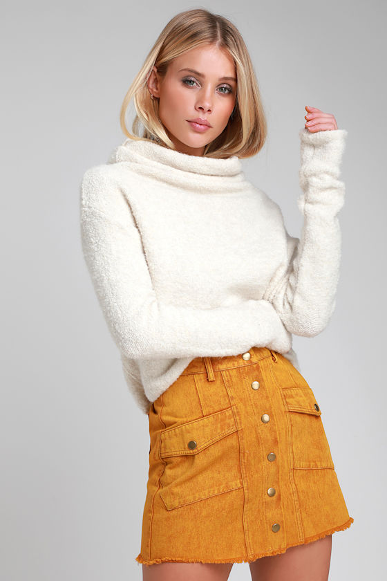 Mustard Yellow Denim Skirt Snap Button Skirt ALine Skirt Lulus