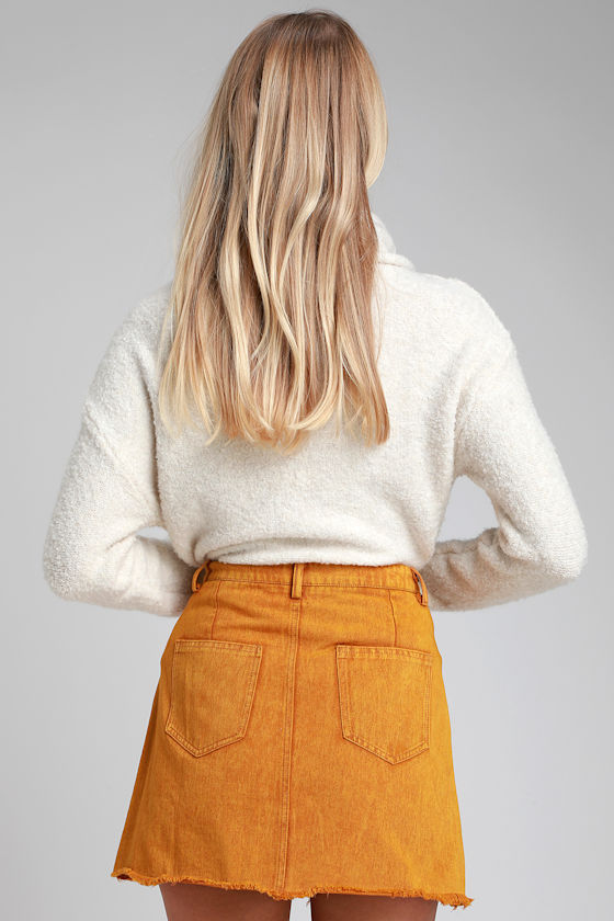 Mustard Yellow Denim Skirt Snap Button Skirt ALine Skirt Lulus
